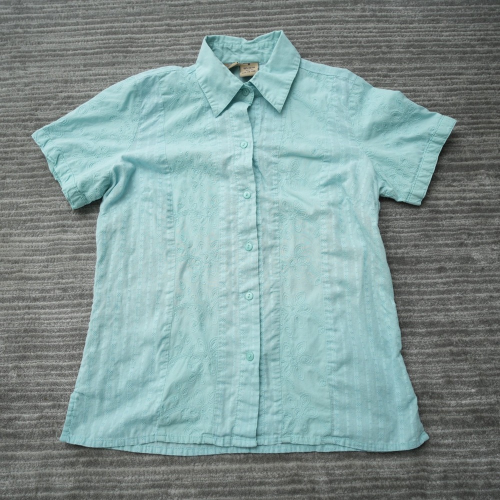 Shaver Lake Shirt‎ Women Button Up Blue Short Sleeve Floral Cotton Medium